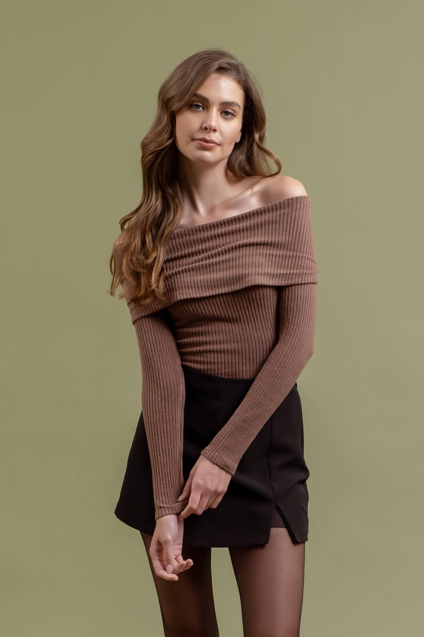 FOLD OVER OFF THE SHOULDER LONG SLEEVE KNIT TOP