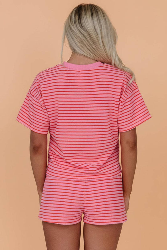 PRETTY BASH Stripe Side Split Tee & Shorts Set