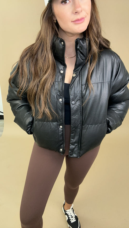 FAUX LEATHER FRONT ZIPPER AND BUTTONS PUFFER