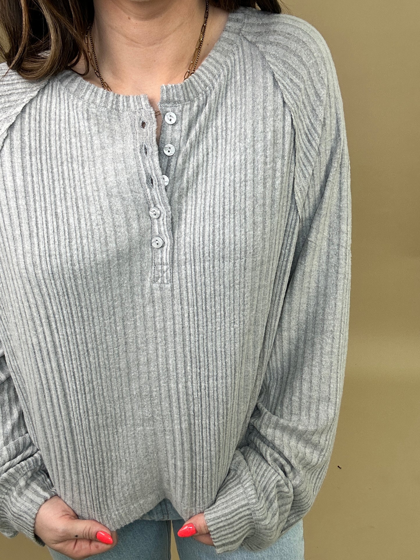 Brushed Ribbed Oversized Henley Top
