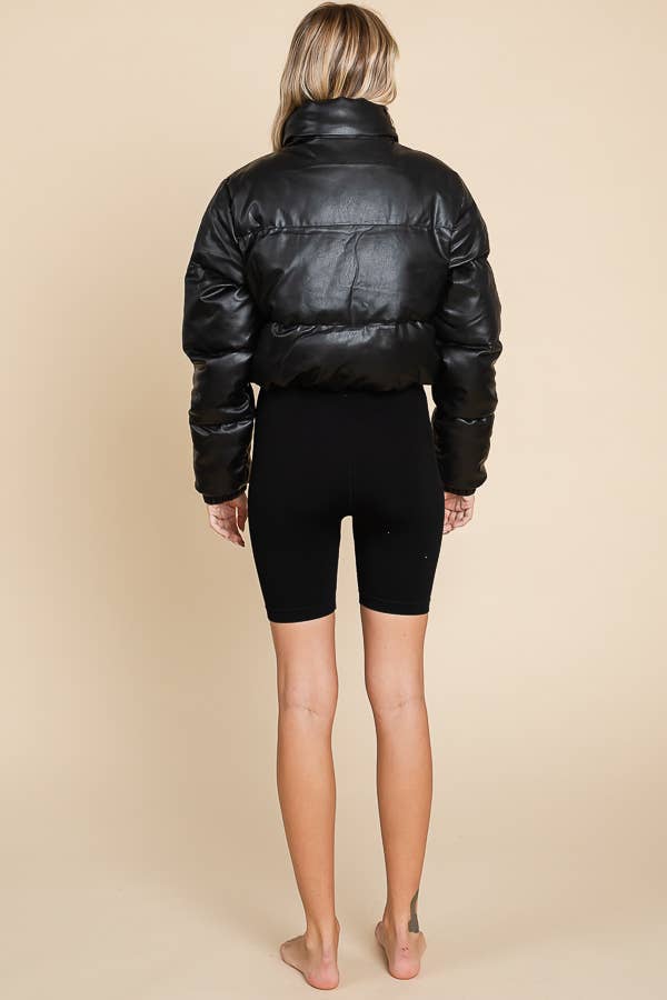 FAUX LEATHER FRONT ZIPPER AND BUTTONS PUFFER