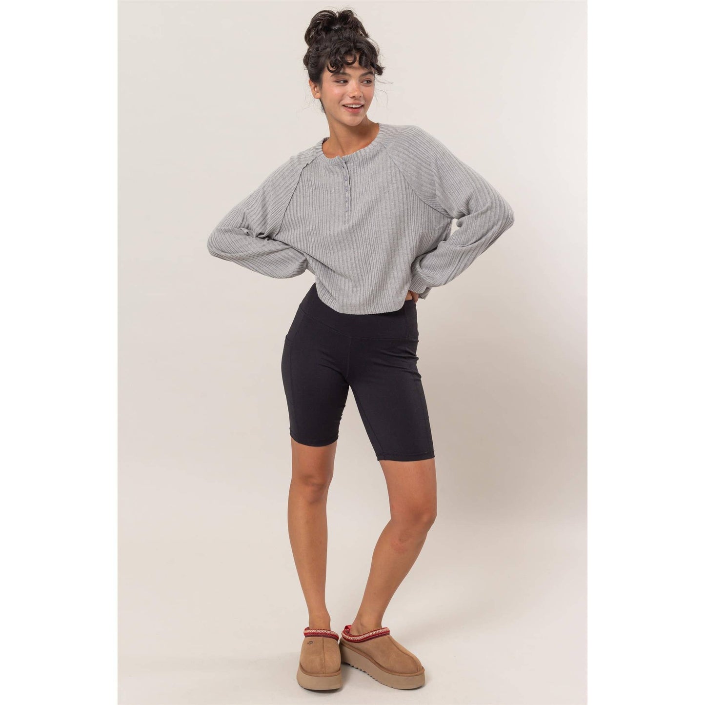 Brushed Ribbed Oversized Henley Top