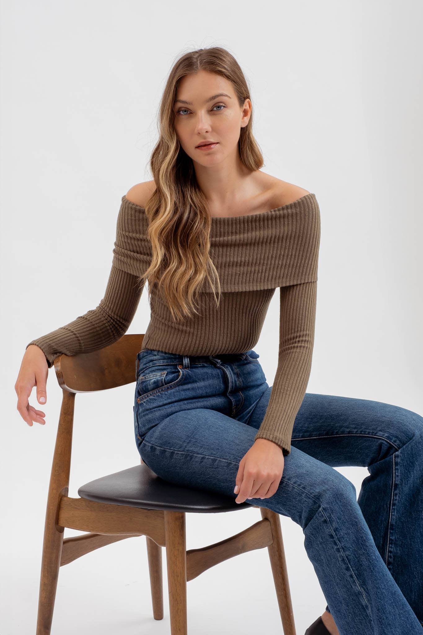 FOLD OVER OFF THE SHOULDER LONG SLEEVE KNIT TOP