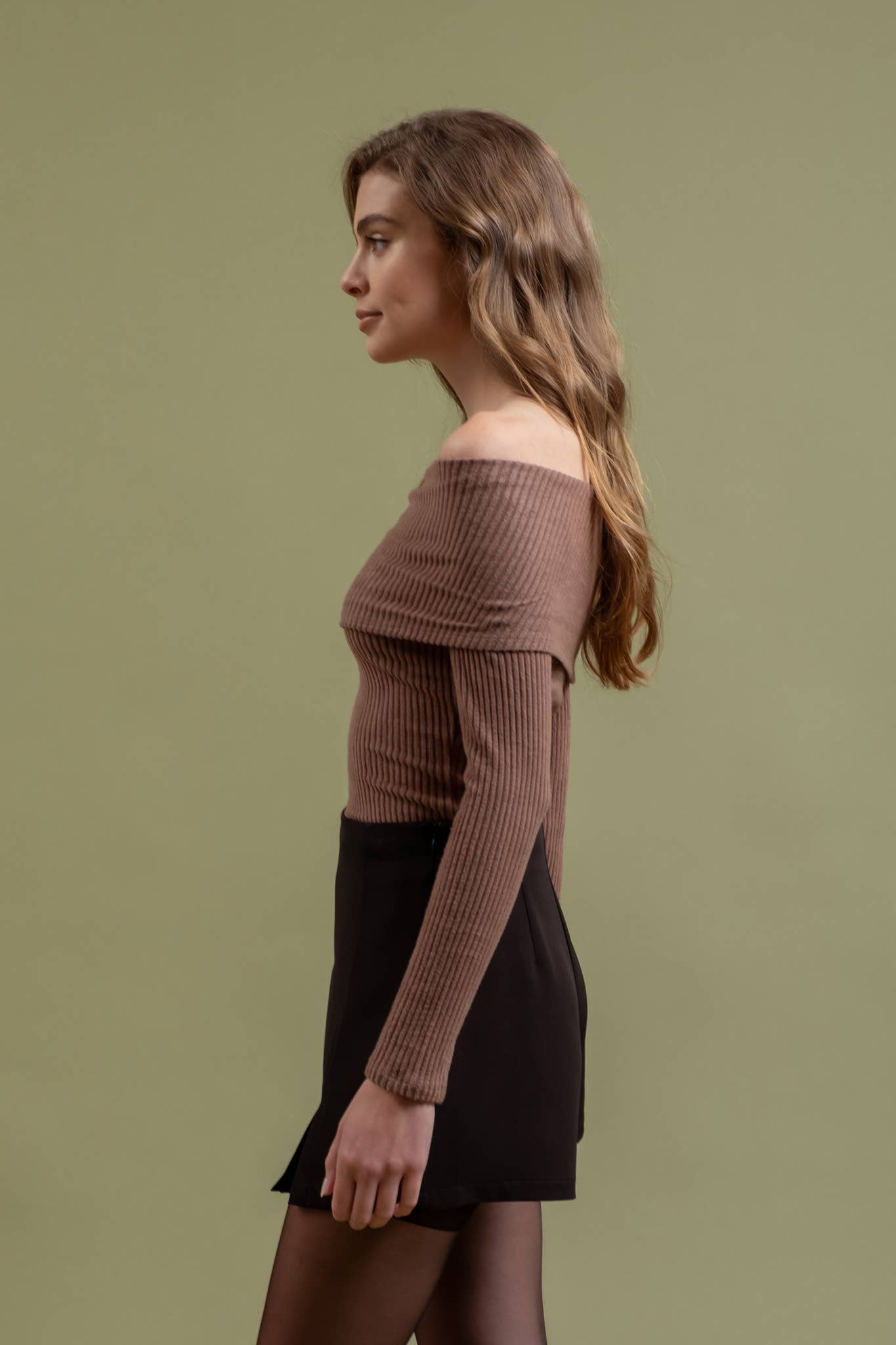 FOLD OVER OFF THE SHOULDER LONG SLEEVE KNIT TOP