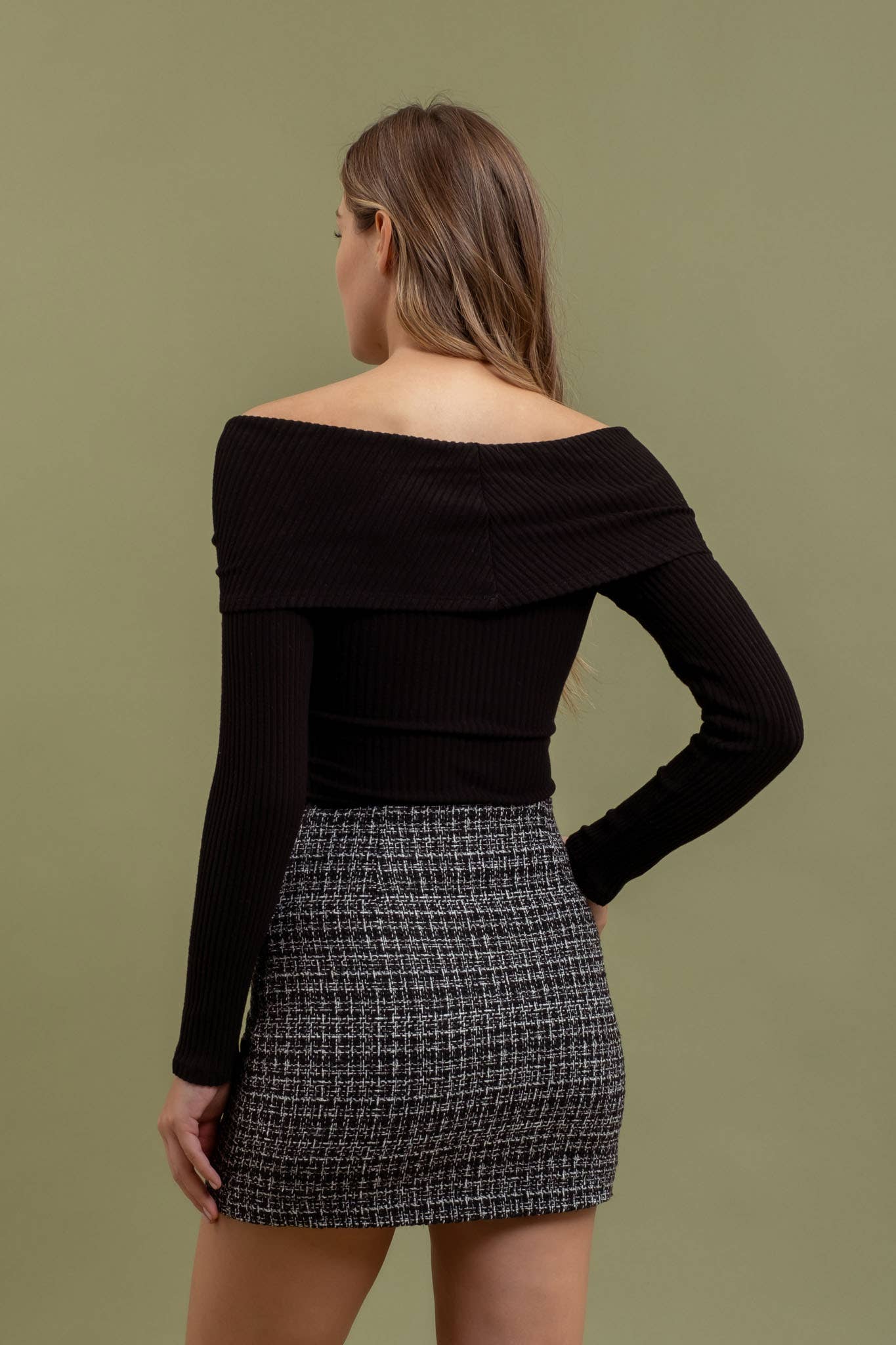 FOLD OVER OFF THE SHOULDER LONG SLEEVE KNIT TOP