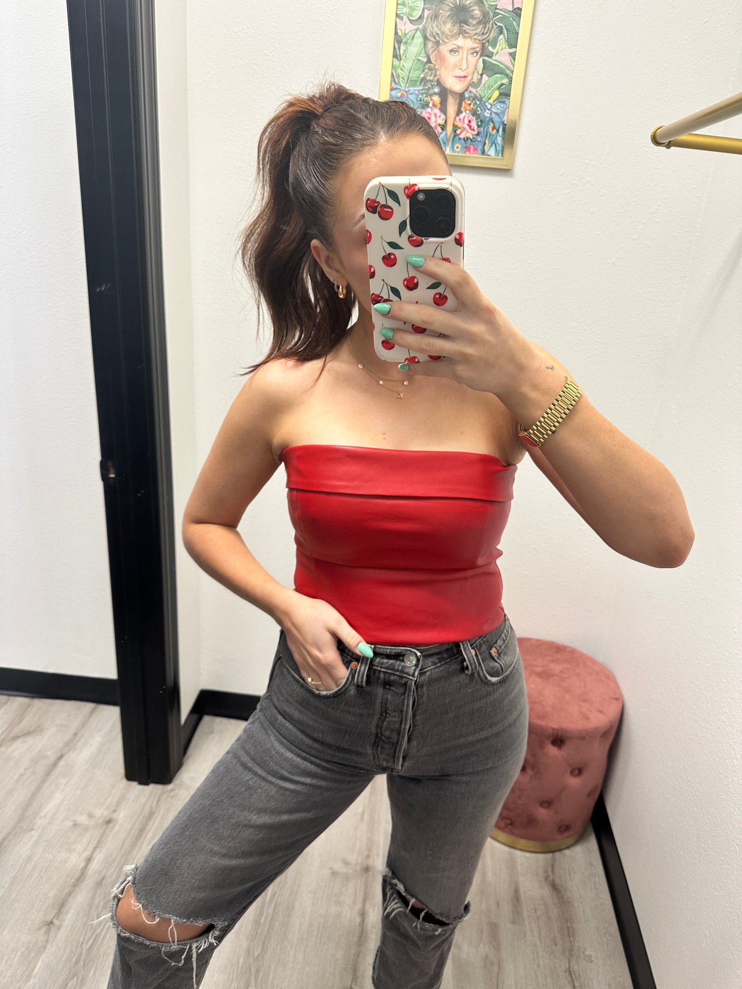 OVERFOLD STRAPLESS BACK ZIPPER LEATHER CROP TOP
