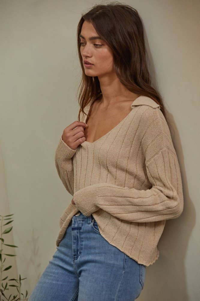 Knit Sweater V-Neck Collar Neck Ribbed Top