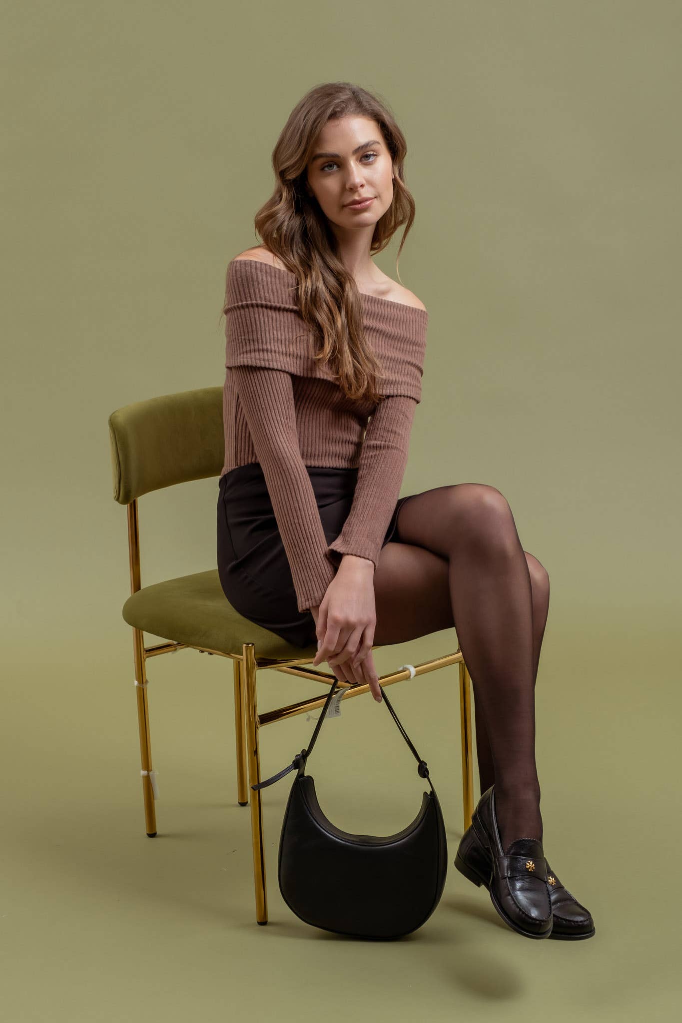 FOLD OVER OFF THE SHOULDER LONG SLEEVE KNIT TOP