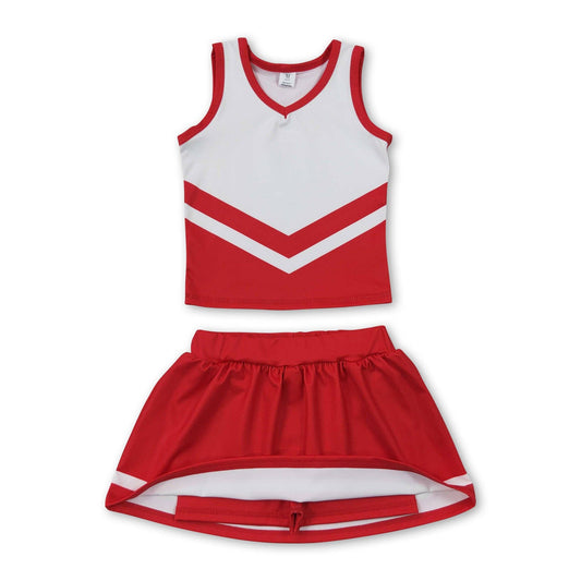 Sleeveless white red top skirt girls team cheer active set