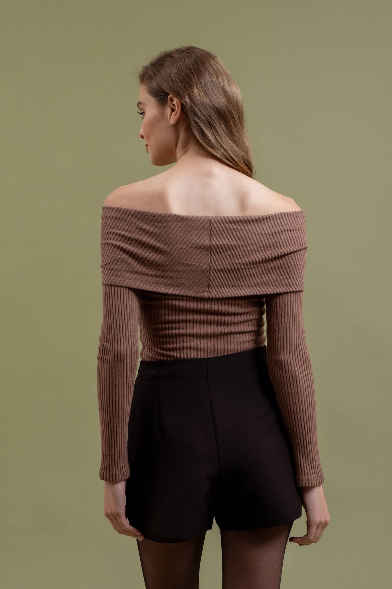 FOLD OVER OFF THE SHOULDER LONG SLEEVE KNIT TOP
