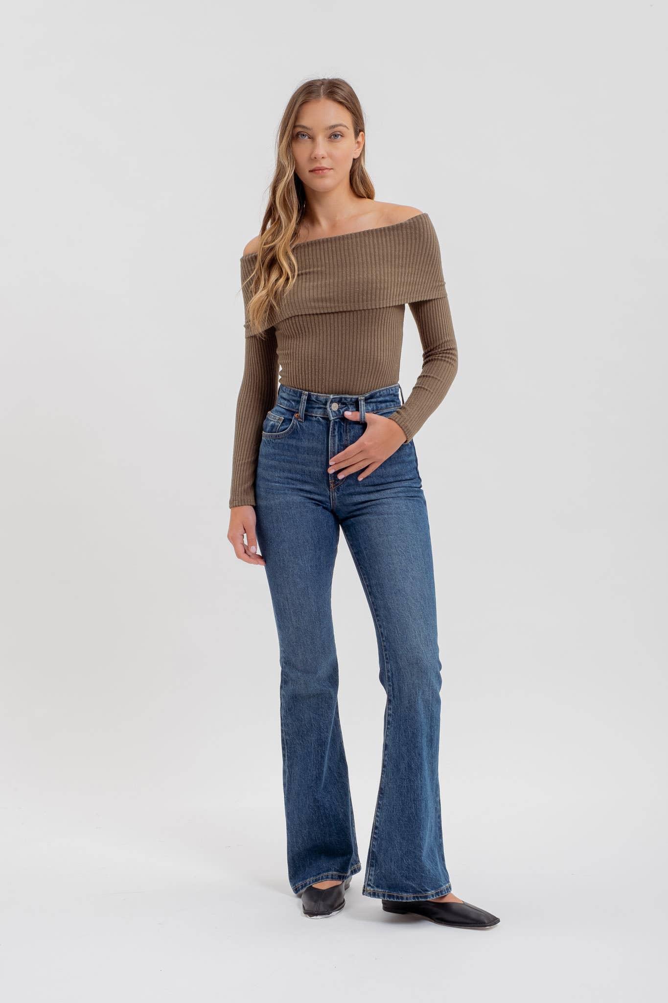 FOLD OVER OFF THE SHOULDER LONG SLEEVE KNIT TOP