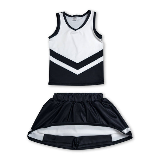 Sleeveless white black top skirt girls team cheer active set