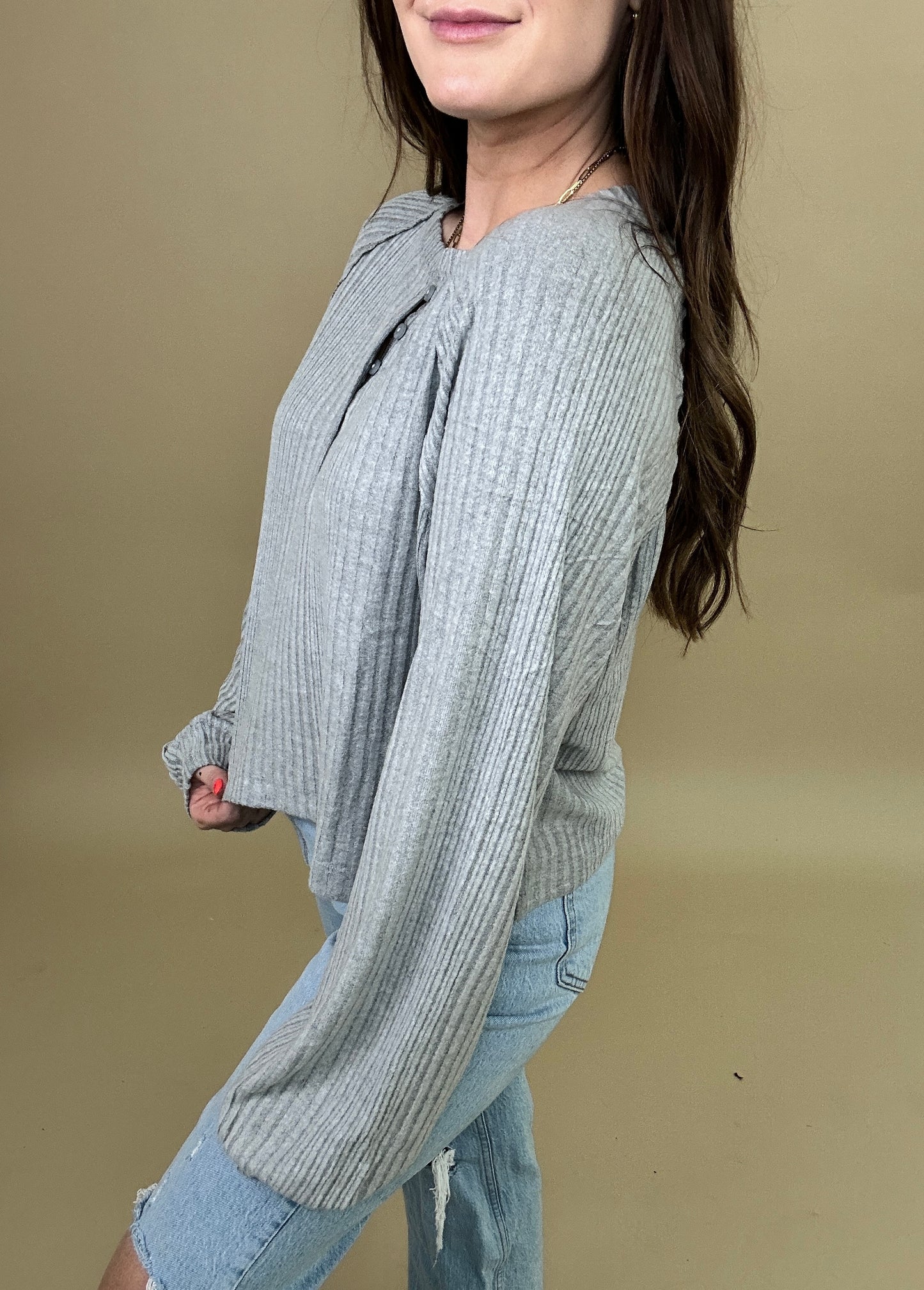 Brushed Ribbed Oversized Henley Top