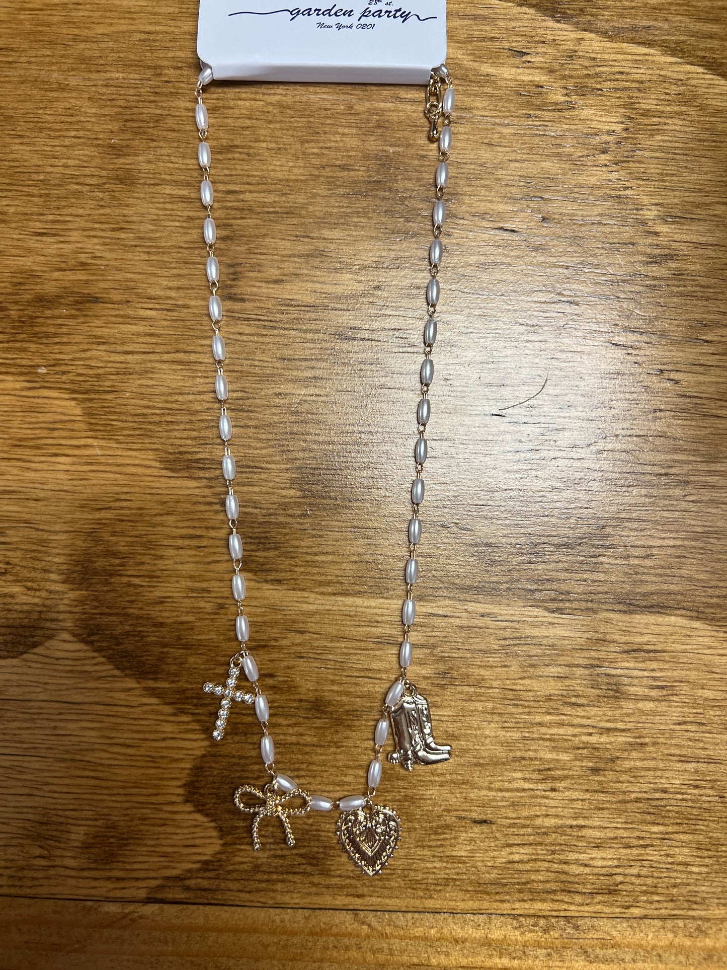 Gold Rice Pearl with Boot, Heart, Bow Necklace