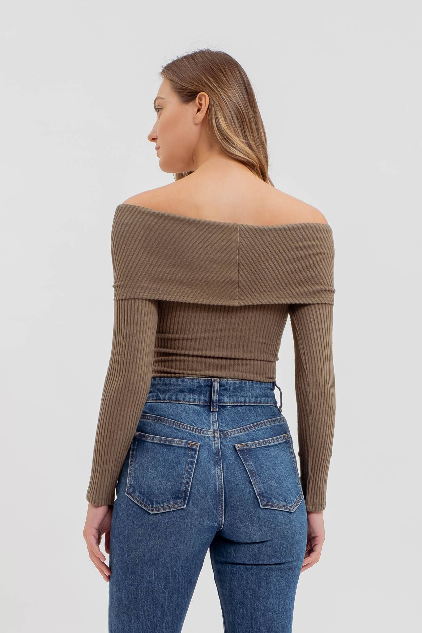 FOLD OVER OFF THE SHOULDER LONG SLEEVE KNIT TOP