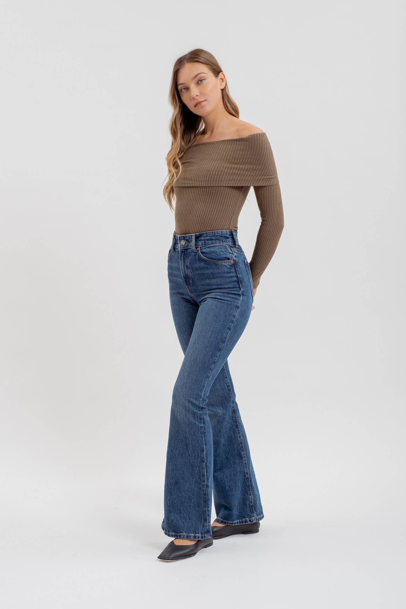 FOLD OVER OFF THE SHOULDER LONG SLEEVE KNIT TOP