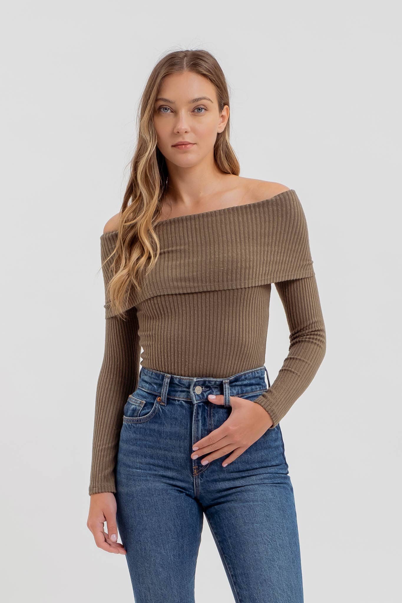 FOLD OVER OFF THE SHOULDER LONG SLEEVE KNIT TOP