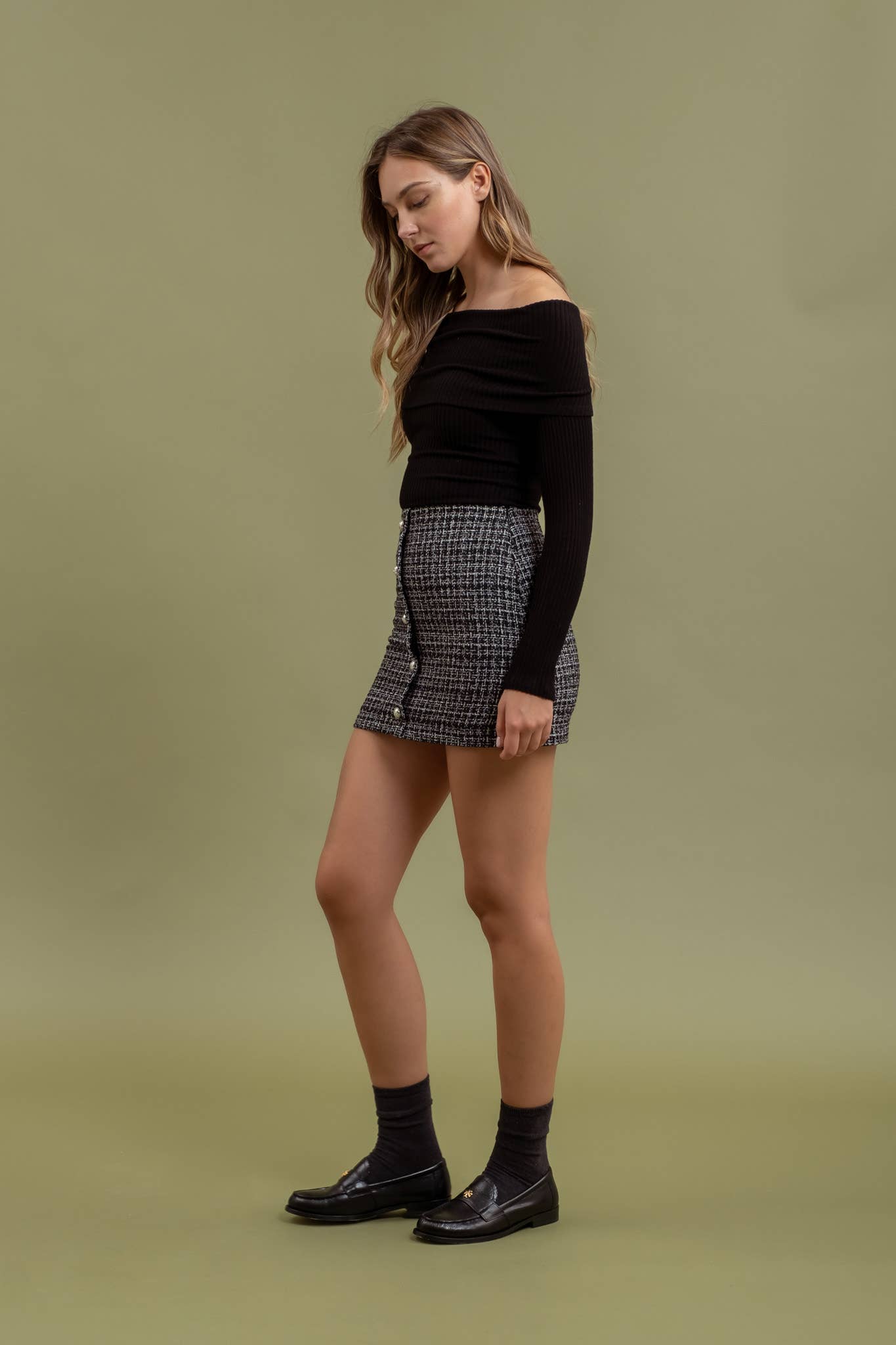 FOLD OVER OFF THE SHOULDER LONG SLEEVE KNIT TOP