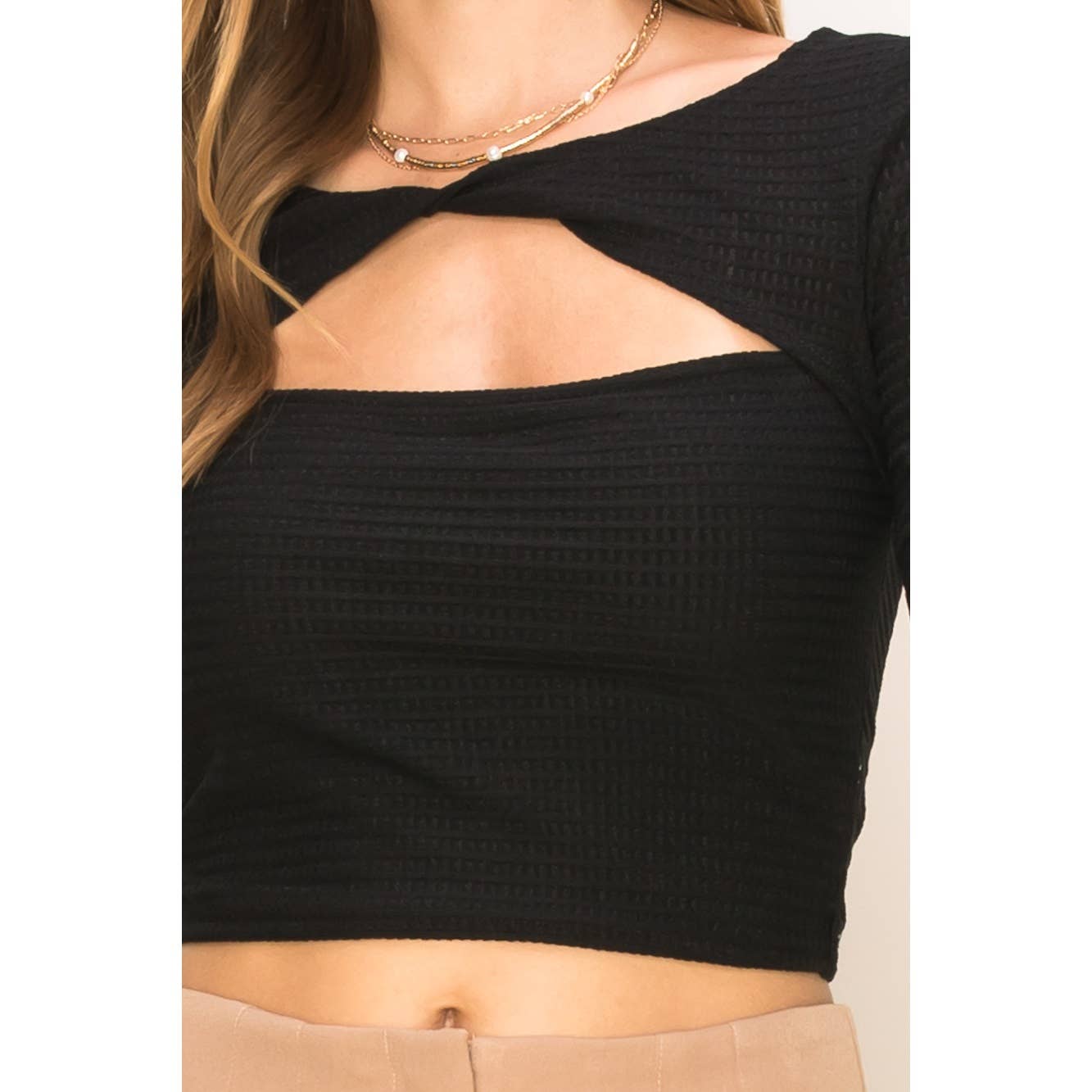 WAFFLE KNIT TWIST-FRONT CROP TOP