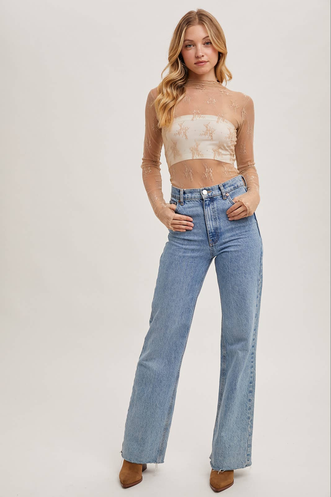 FLORAL EMBROIDERY LACE MESH LAYERING TOP