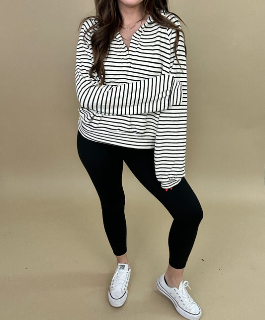 HALF-PLACKET STRIPED KNIT TOP