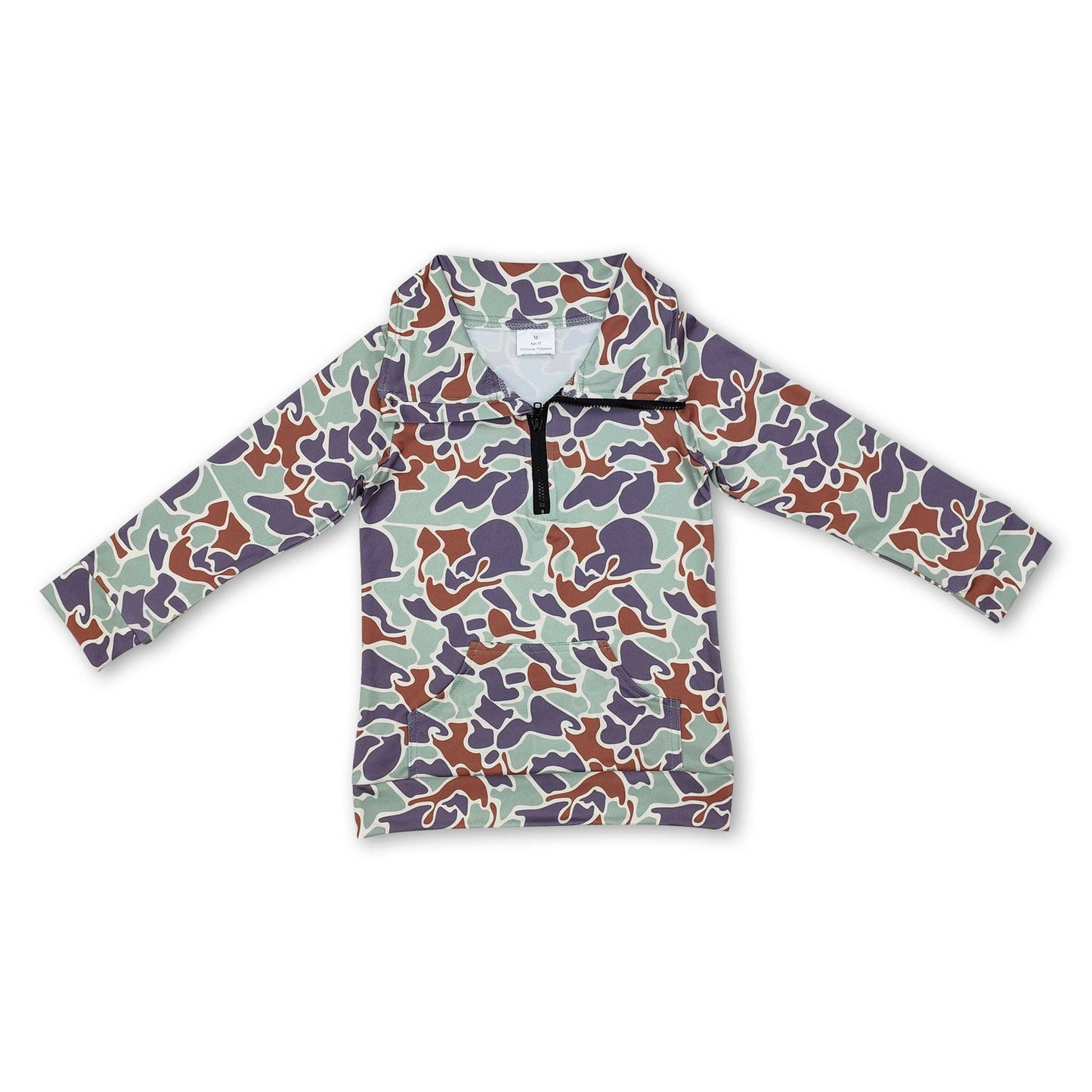 Long sleeves grey camo pocket kids zip pullover