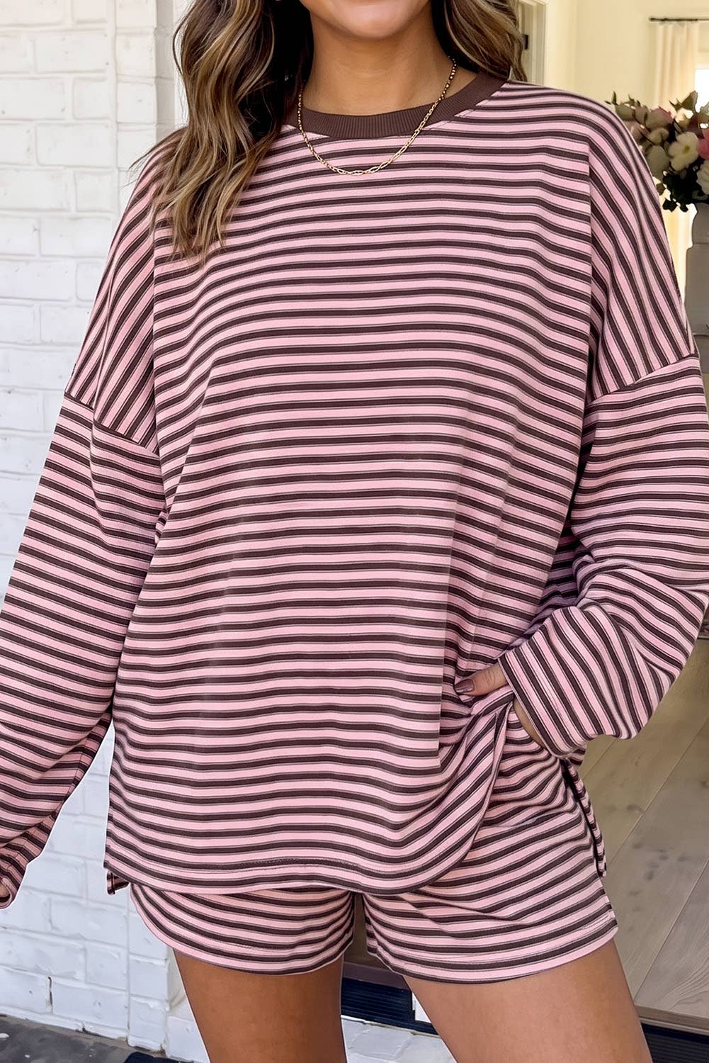 LAS Striped Oversized Pocket Crew Neck Lounge Set (S-XL)
