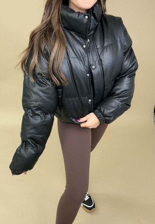FAUX LEATHER FRONT ZIPPER AND BUTTONS PUFFER