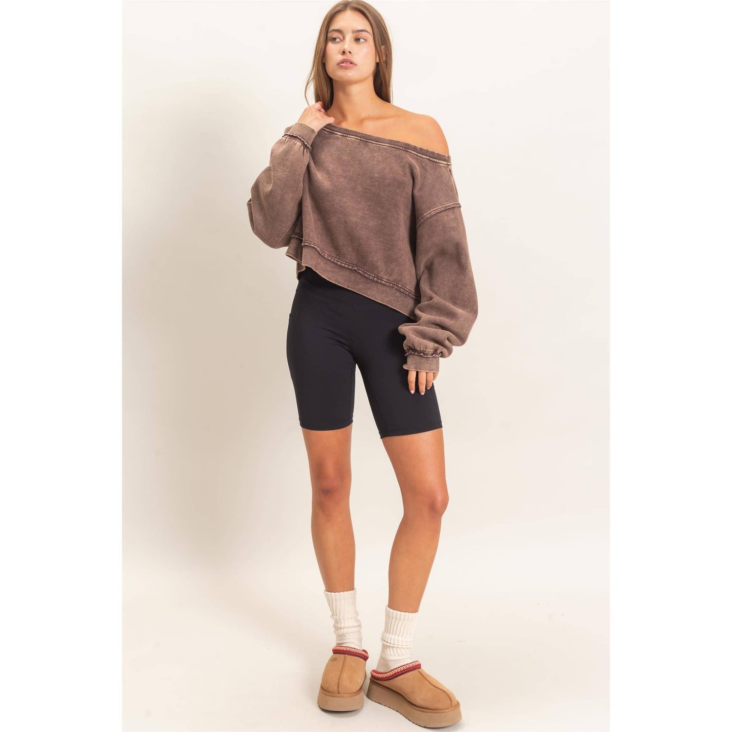 Raw Edge Acid Wash Off The Shoulder Sweatshirt