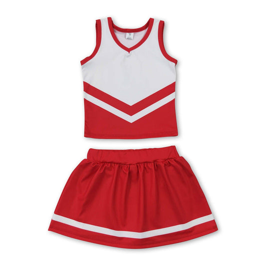 Sleeveless white red top skirt girls team cheer active set