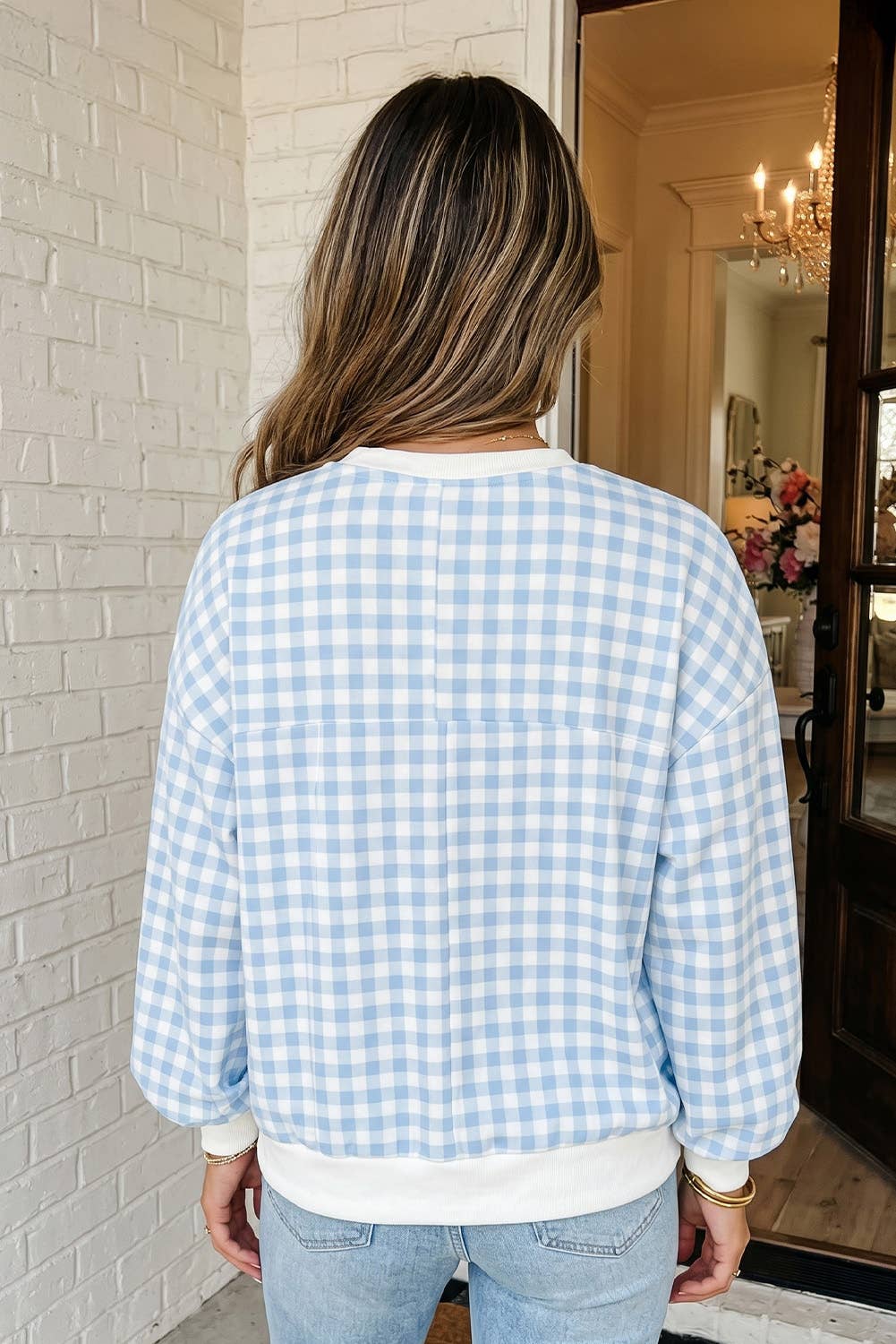 LAS Plaid Colorblock Trim Baggy Sleeve Sweatshirt (S-XL)