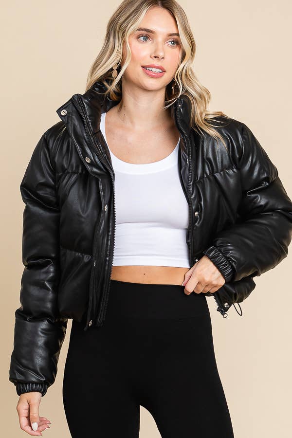 FAUX LEATHER FRONT ZIPPER AND BUTTONS PUFFER
