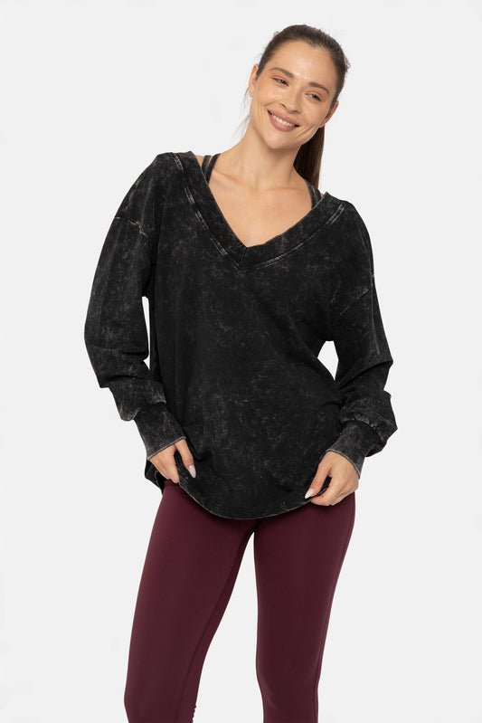 Mineral Wash Cotton Blend Deep V-Neck Long Sleeve