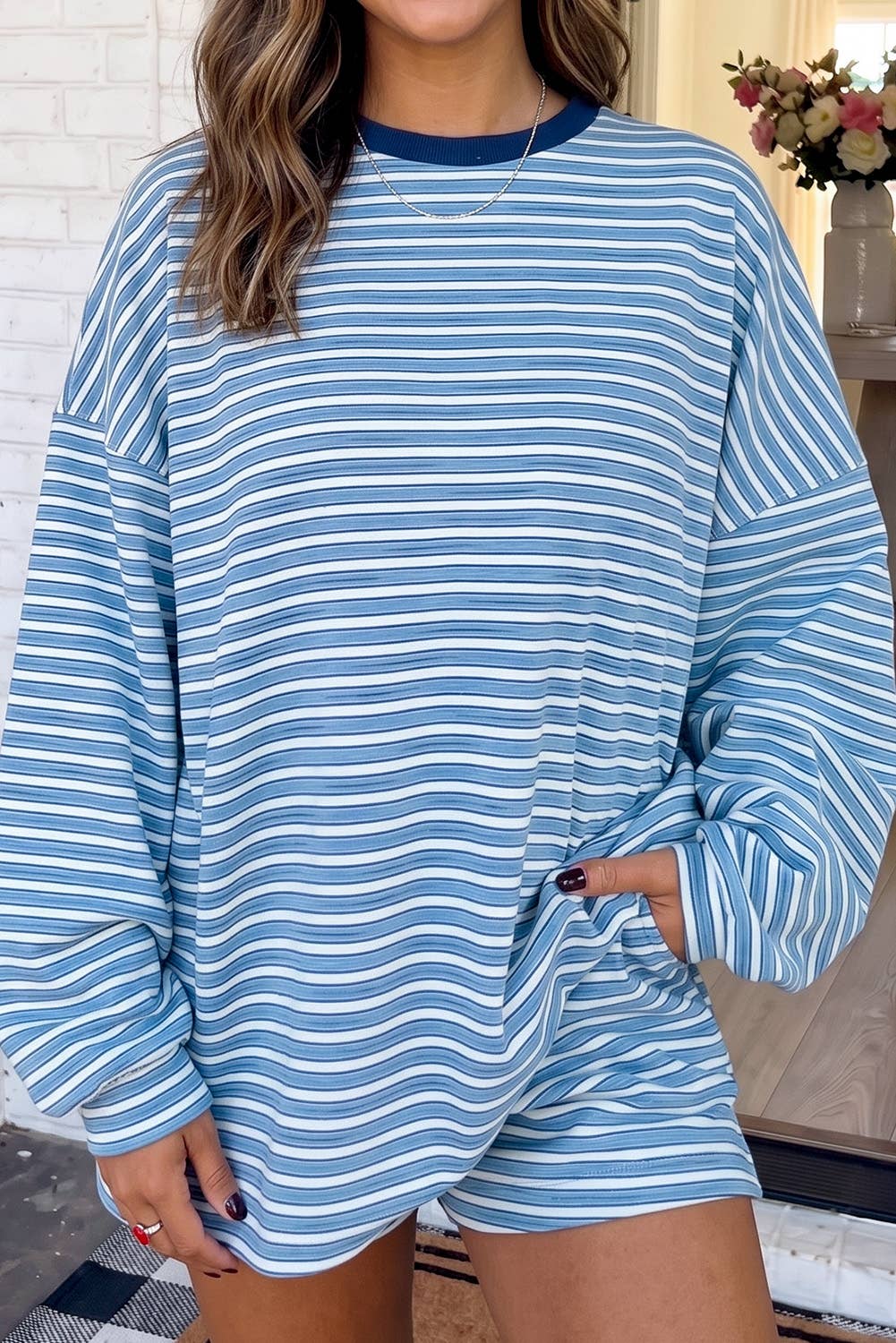 LAS Striped Oversized Pocket Crew Neck Lounge Set (S-XL)