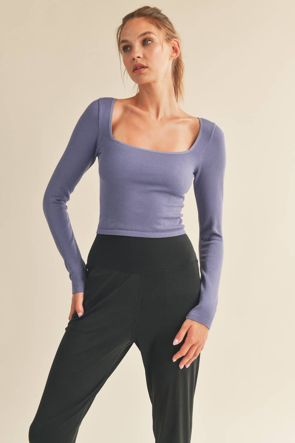 Violet Square-Neck Seamless Long Sleeve Top