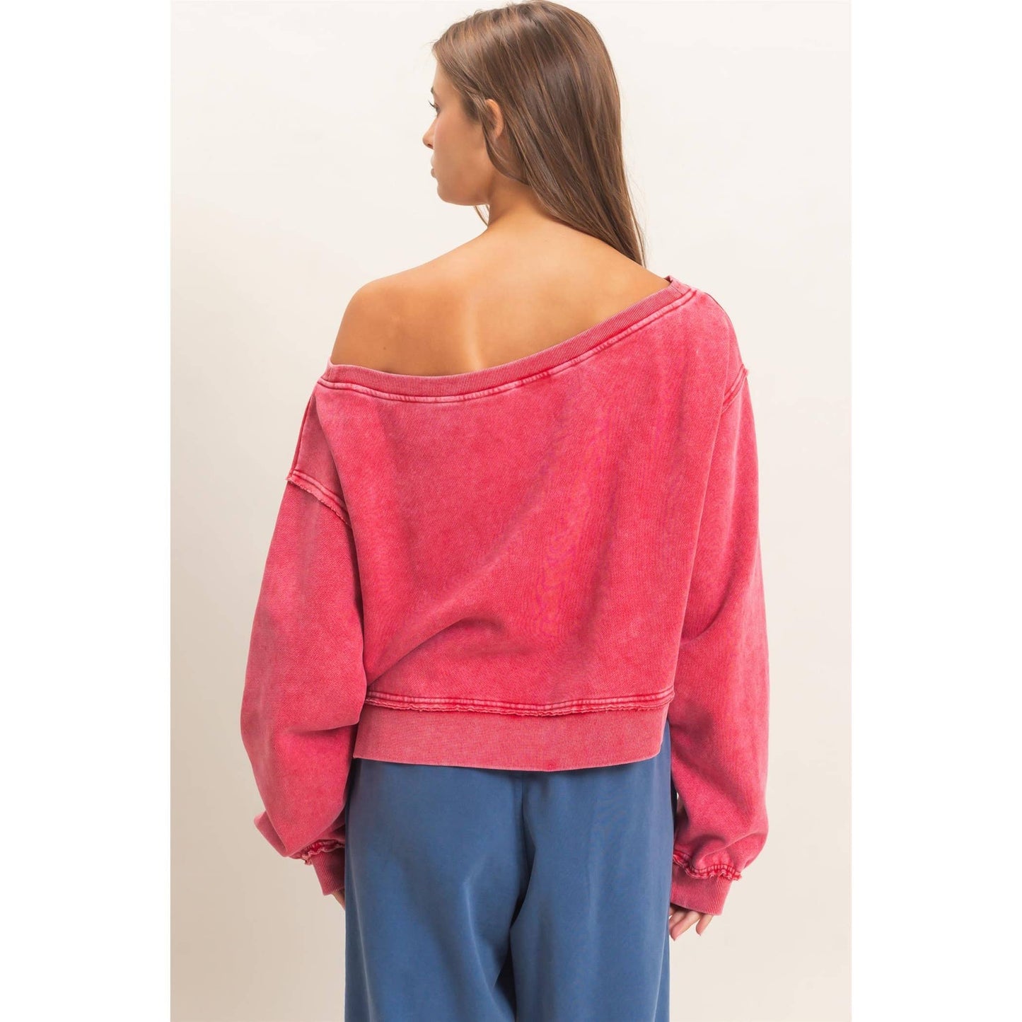 Raw Edge Acid Wash Off The Shoulder Sweatshirt