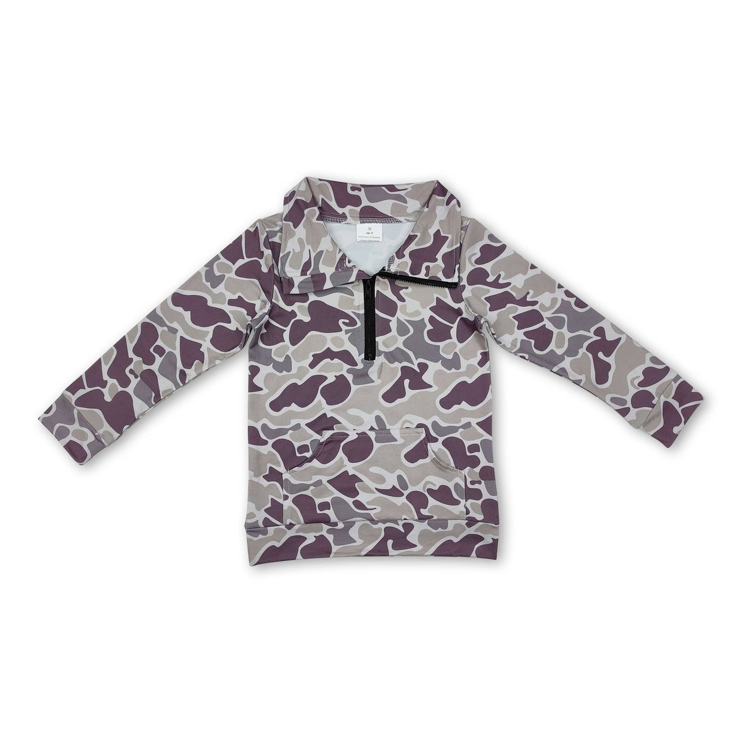 Long sleeves grey camo pocket kids zip pullover