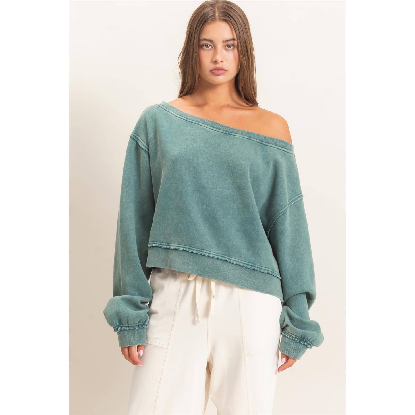 Raw Edge Acid Wash Off The Shoulder Sweatshirt