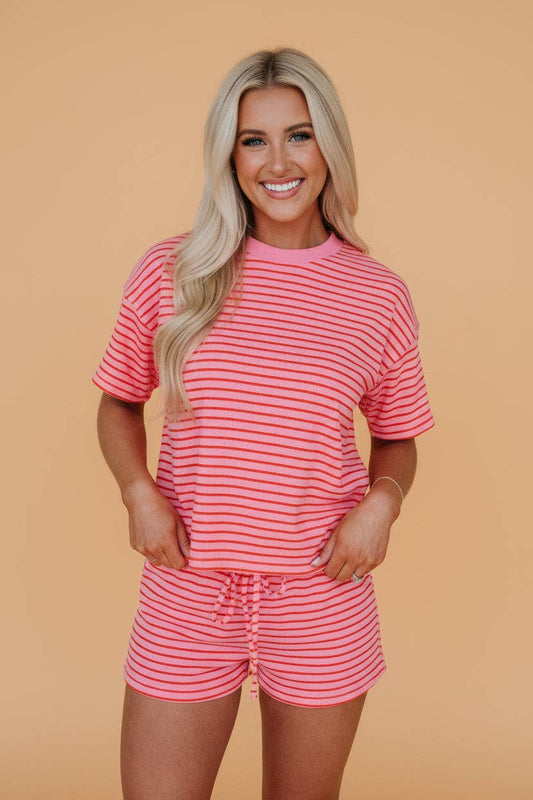 PRETTY BASH Stripe Side Split Tee & Shorts Set