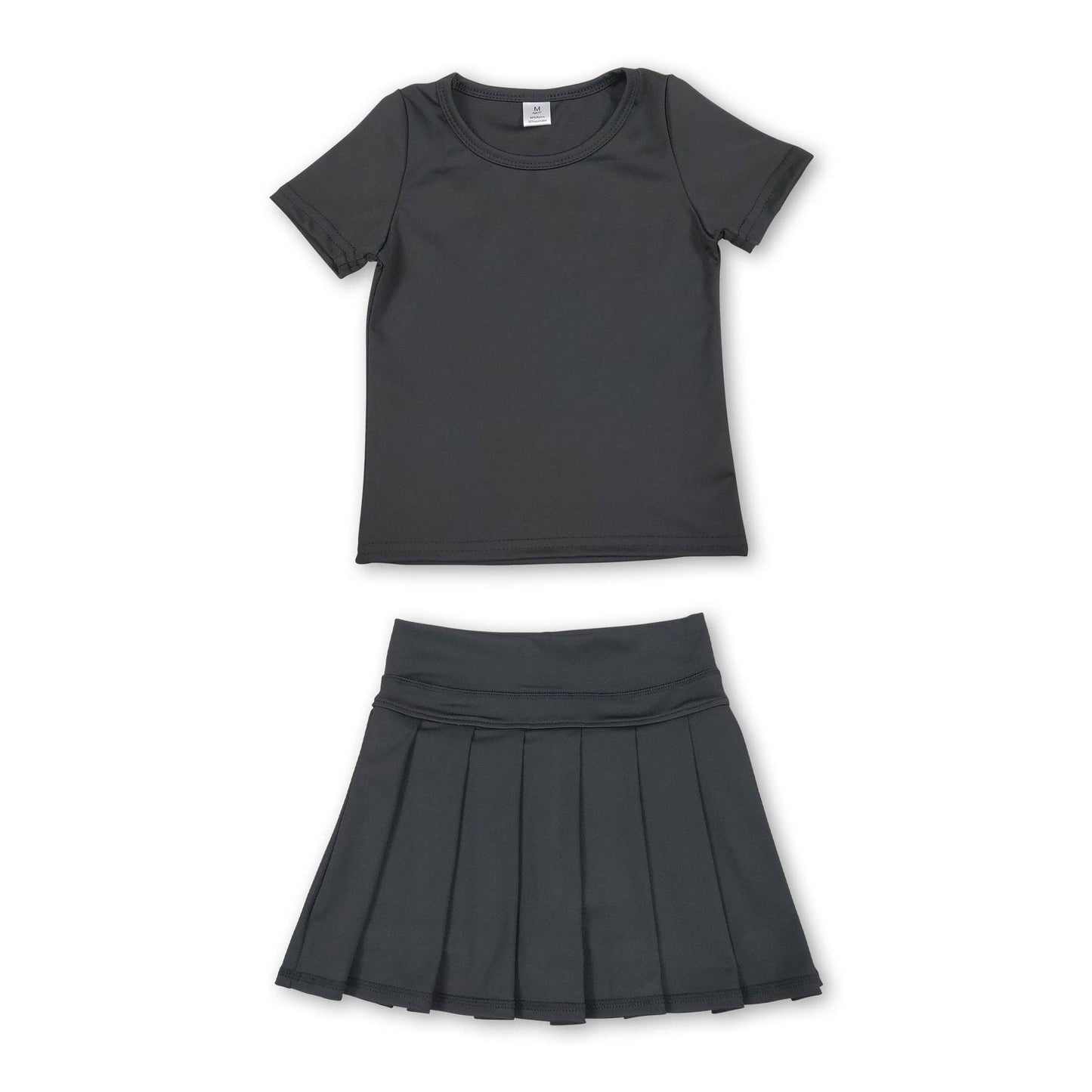 Short sleeves black top pleated skirt girls active wear set