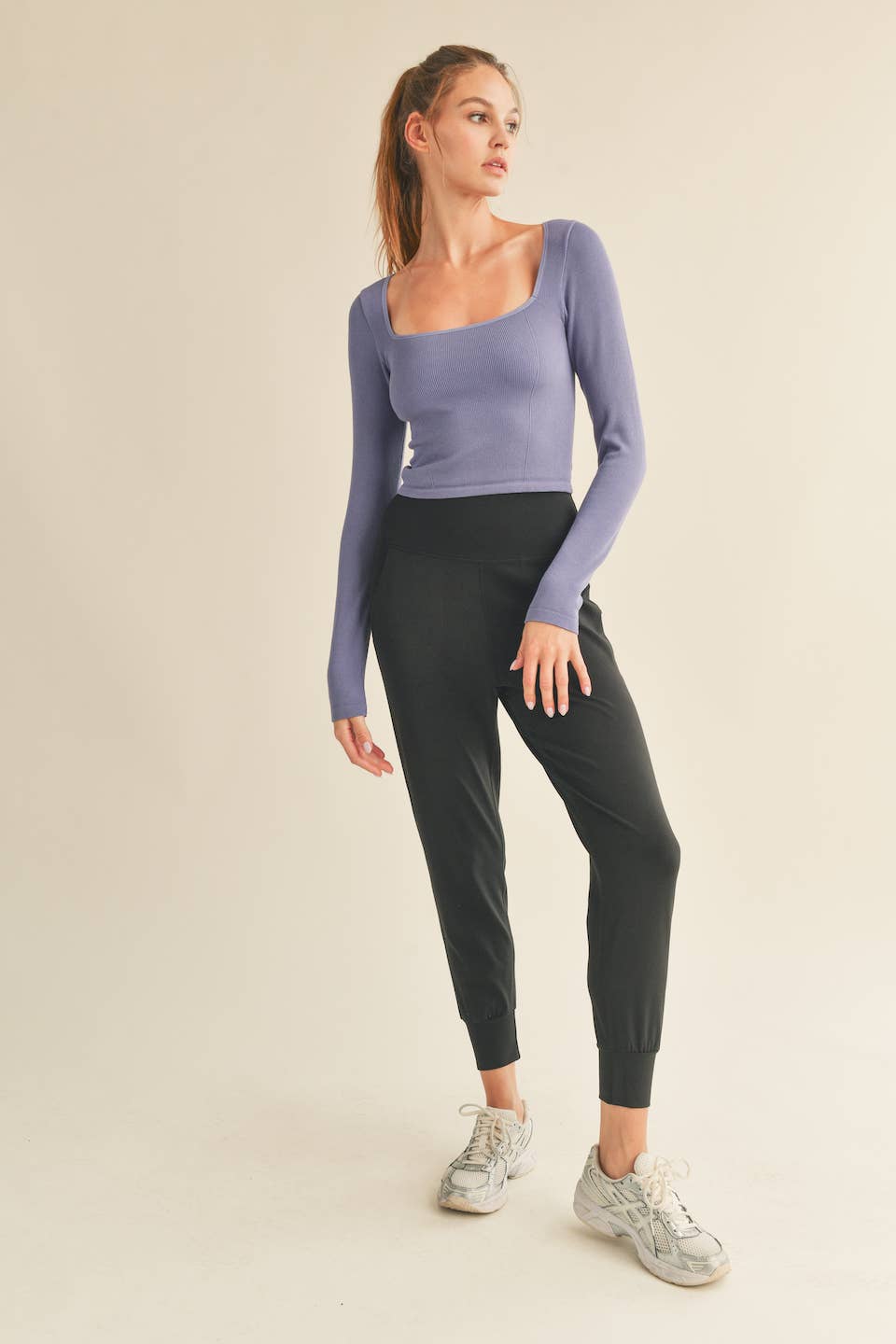 Violet Square-Neck Seamless Long Sleeve Top