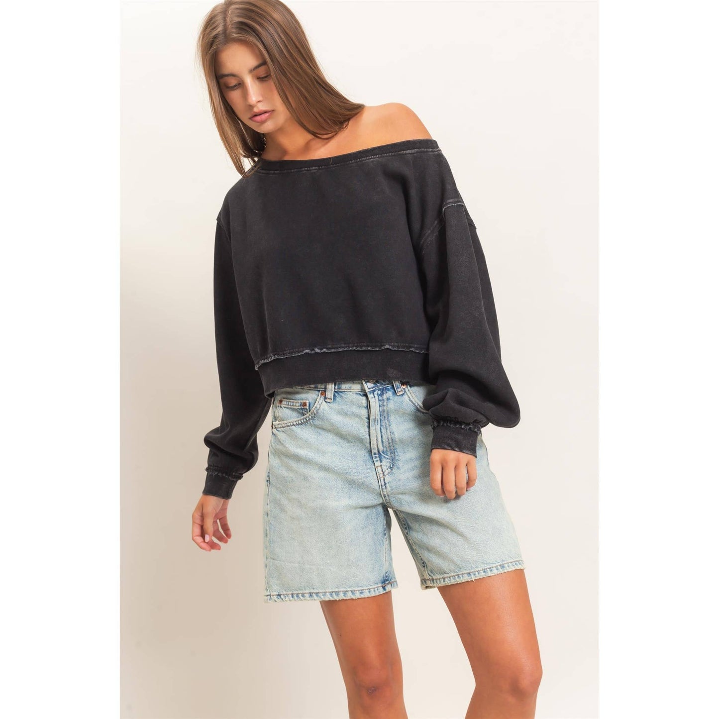 Raw Edge Acid Wash Off The Shoulder Sweatshirt