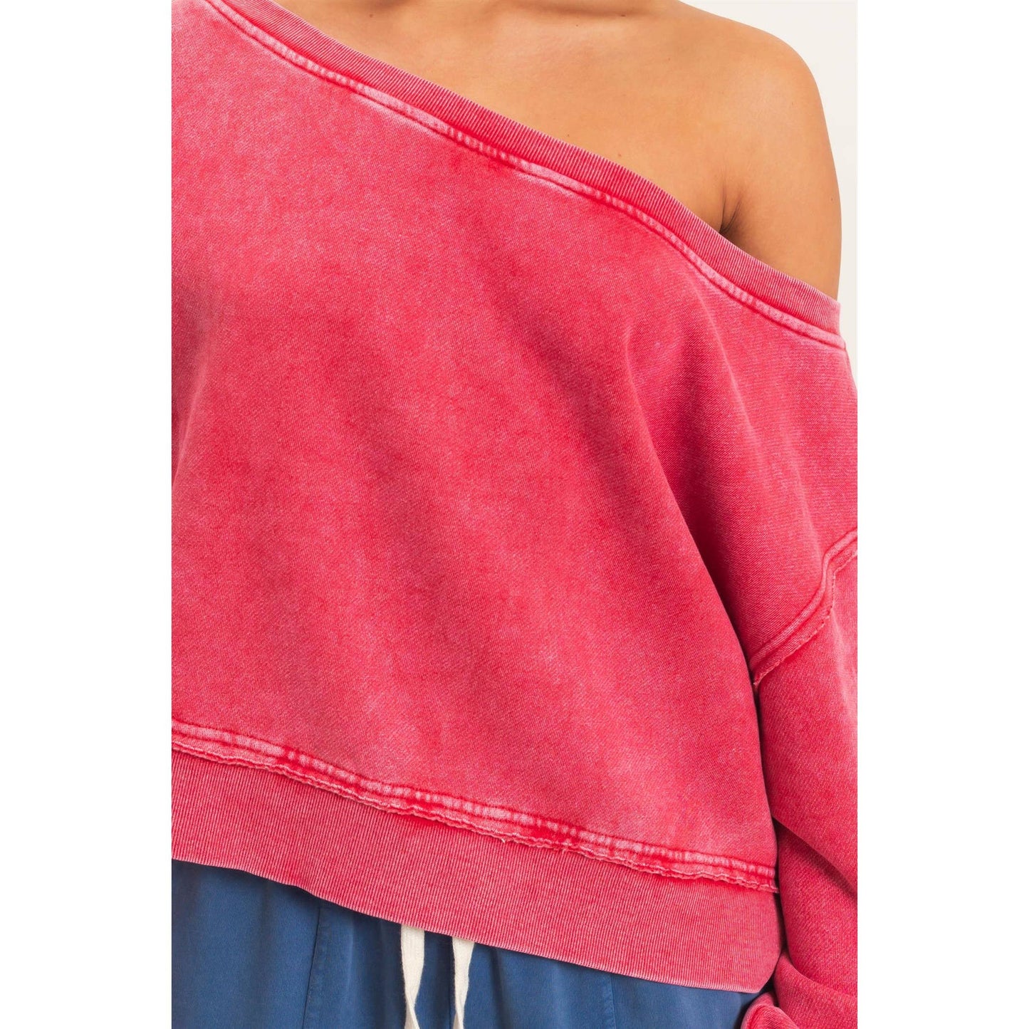 Raw Edge Acid Wash Off The Shoulder Sweatshirt