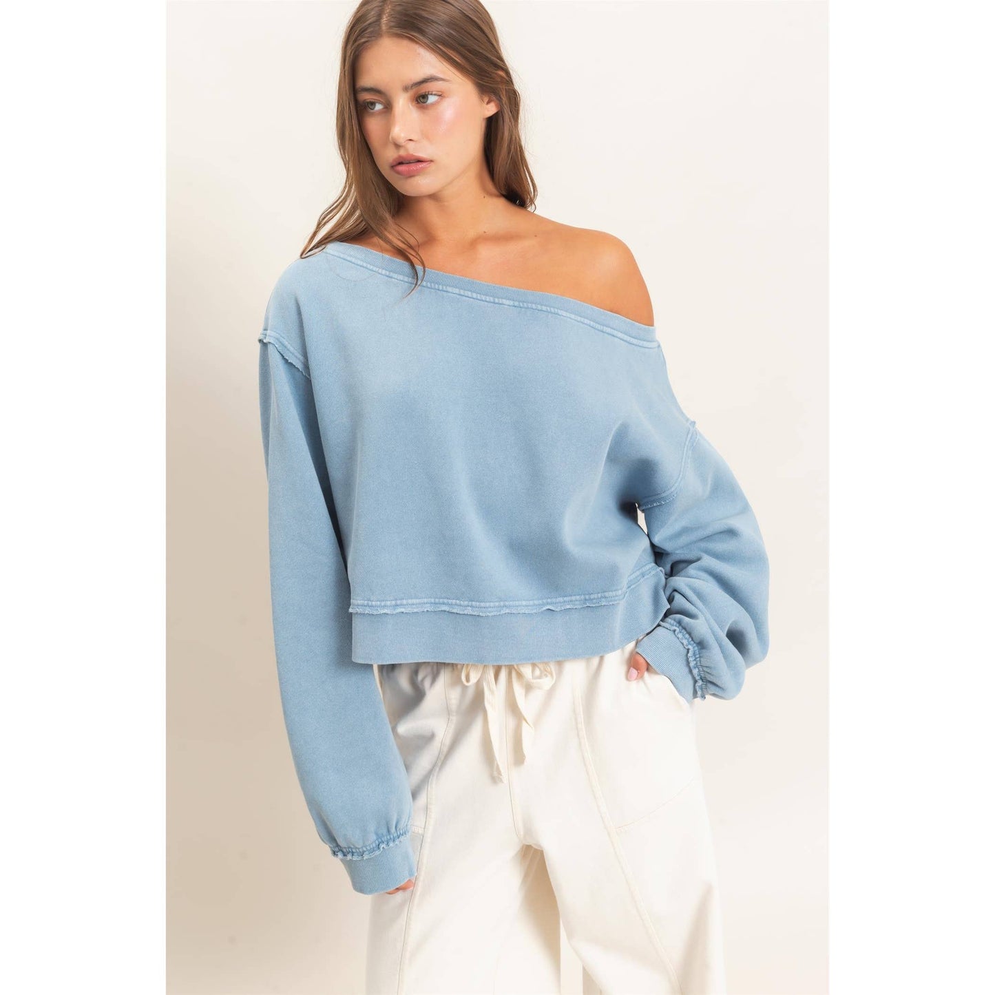 Raw Edge Acid Wash Off The Shoulder Sweatshirt