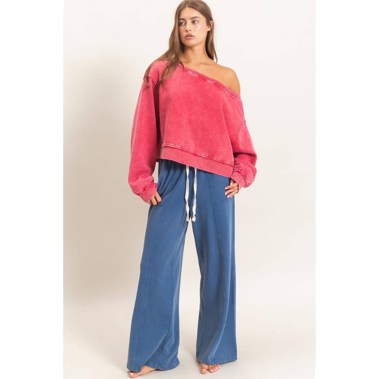 Raw Edge Acid Wash Off The Shoulder Sweatshirt