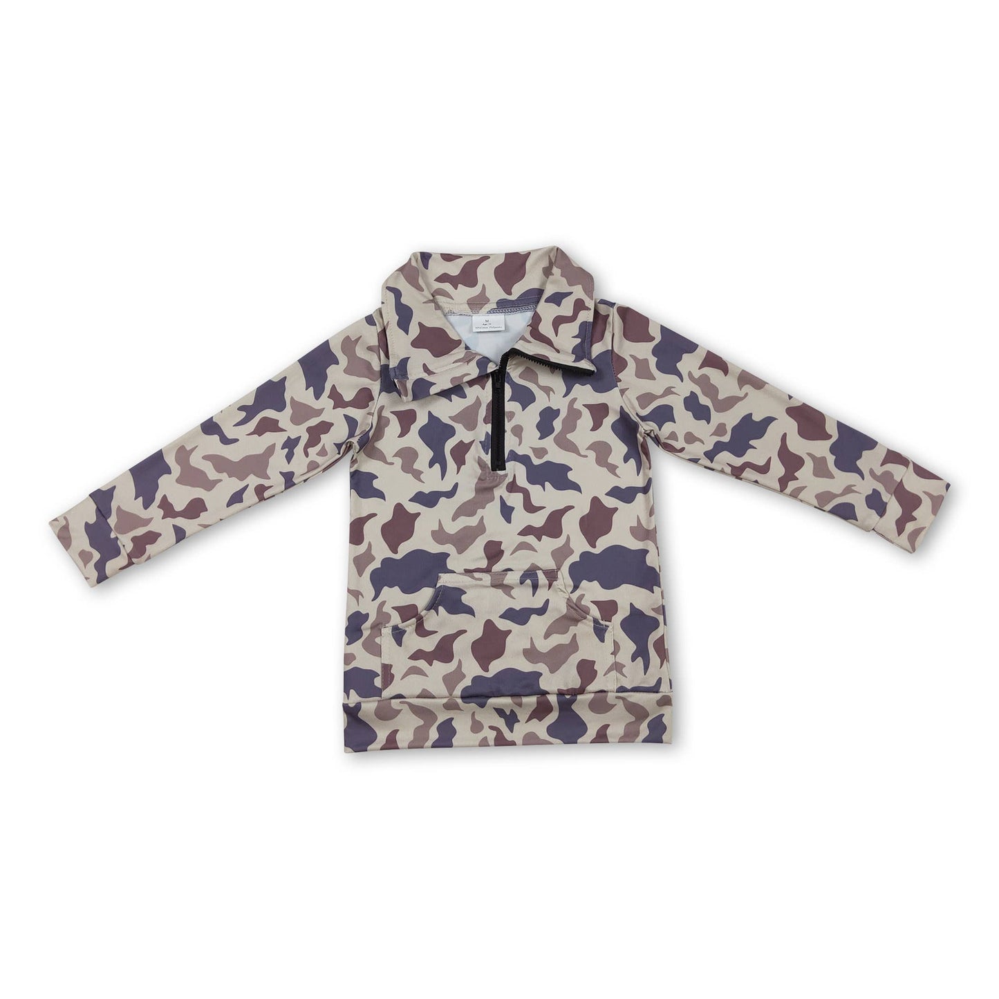 Long sleeves grey camo pocket kids zip pullover