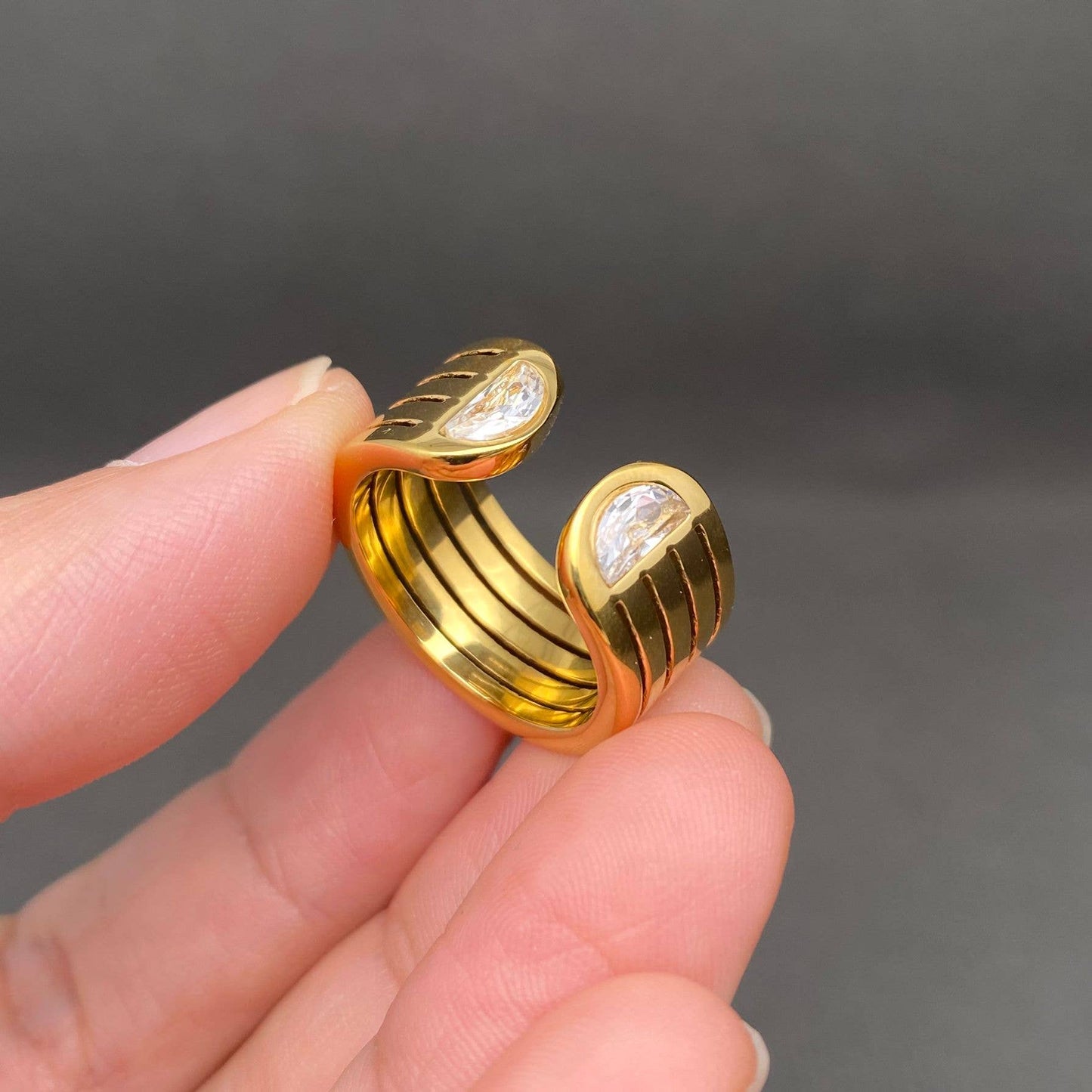 Zircon 18K Gold Plated Stainless Steel Open Ring - FGS