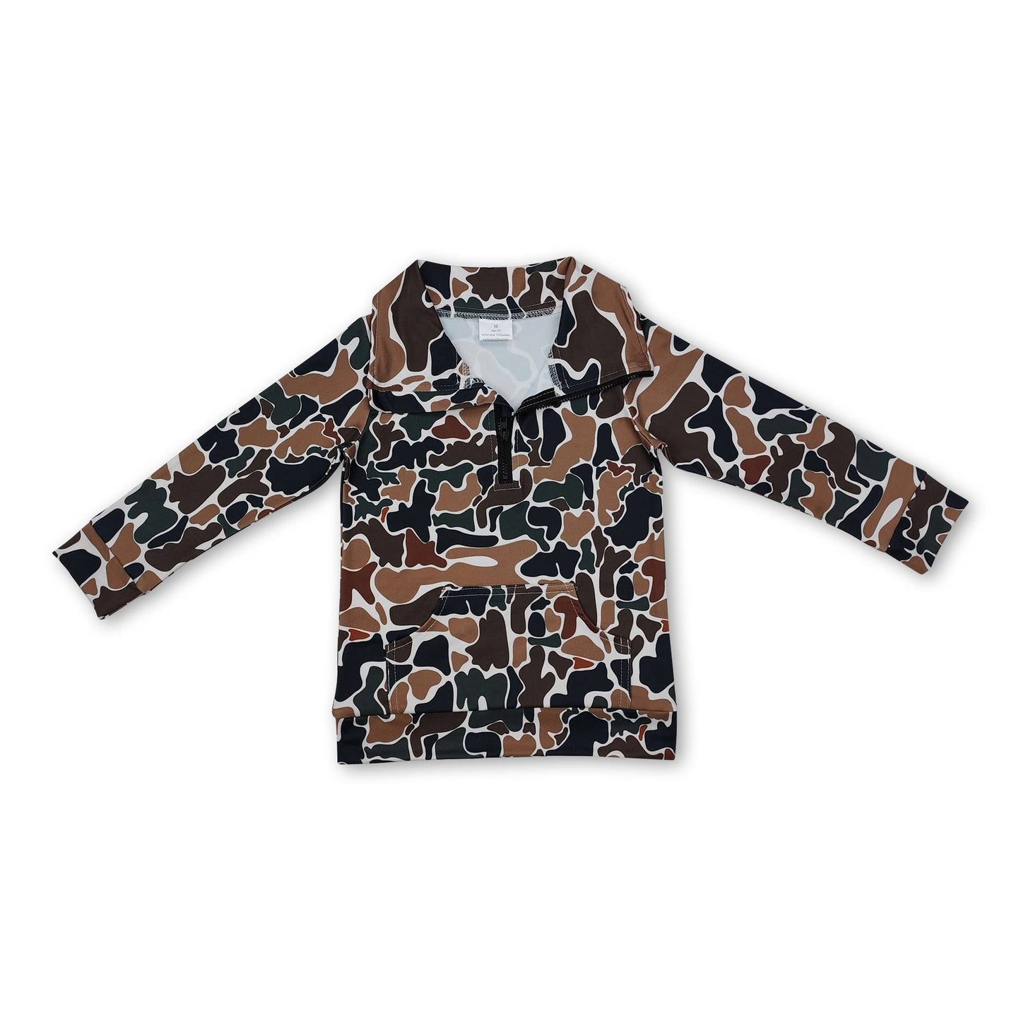 Long sleeves grey camo pocket kids zip pullover