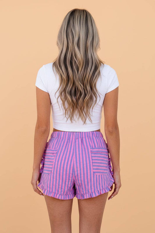 PRETTY BASH Stripe Ruffle Trim Shorts