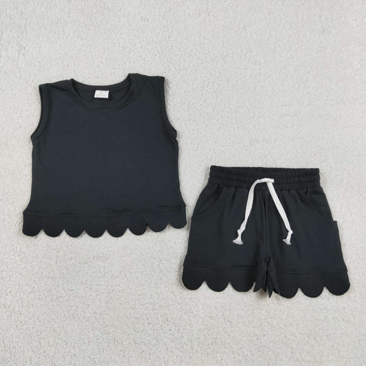 Baby Girls Black Sleeveless Scallop Shirt Shorts Sets